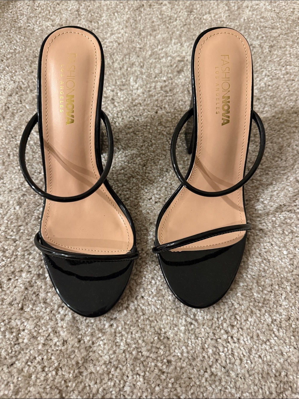 Fashion Nova Black Patent Strappy Slide Heels